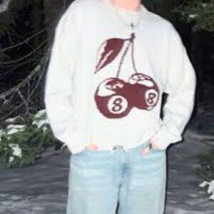 Pacsun Cherry Graphic Distressed Hem Knit Oversized Sweater size Large retro 70s